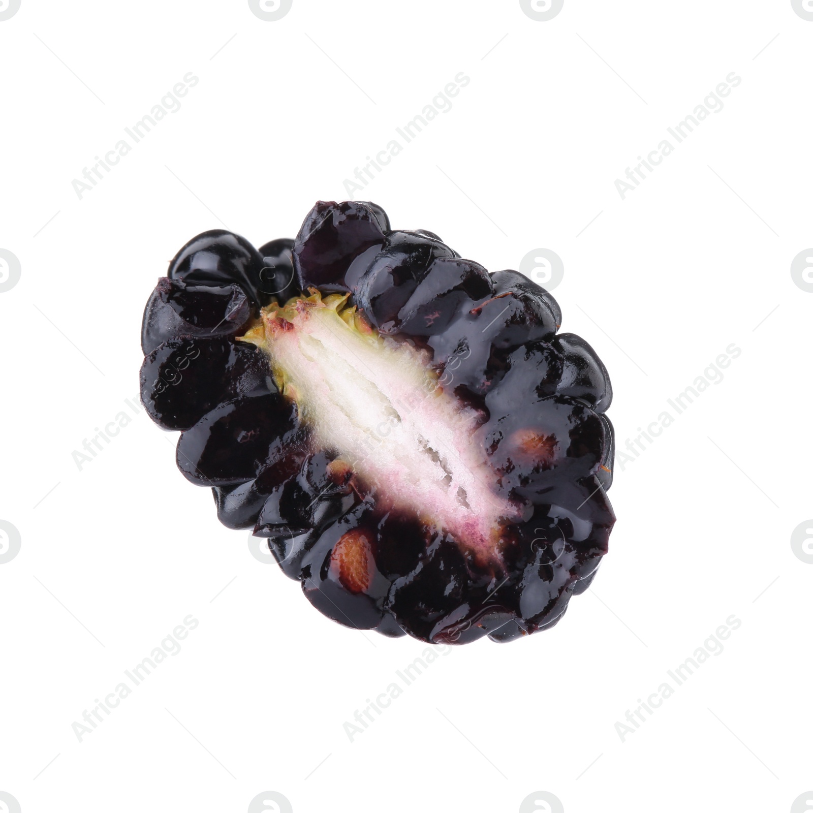 Photo of Half of tasty ripe blackberry isolated on white