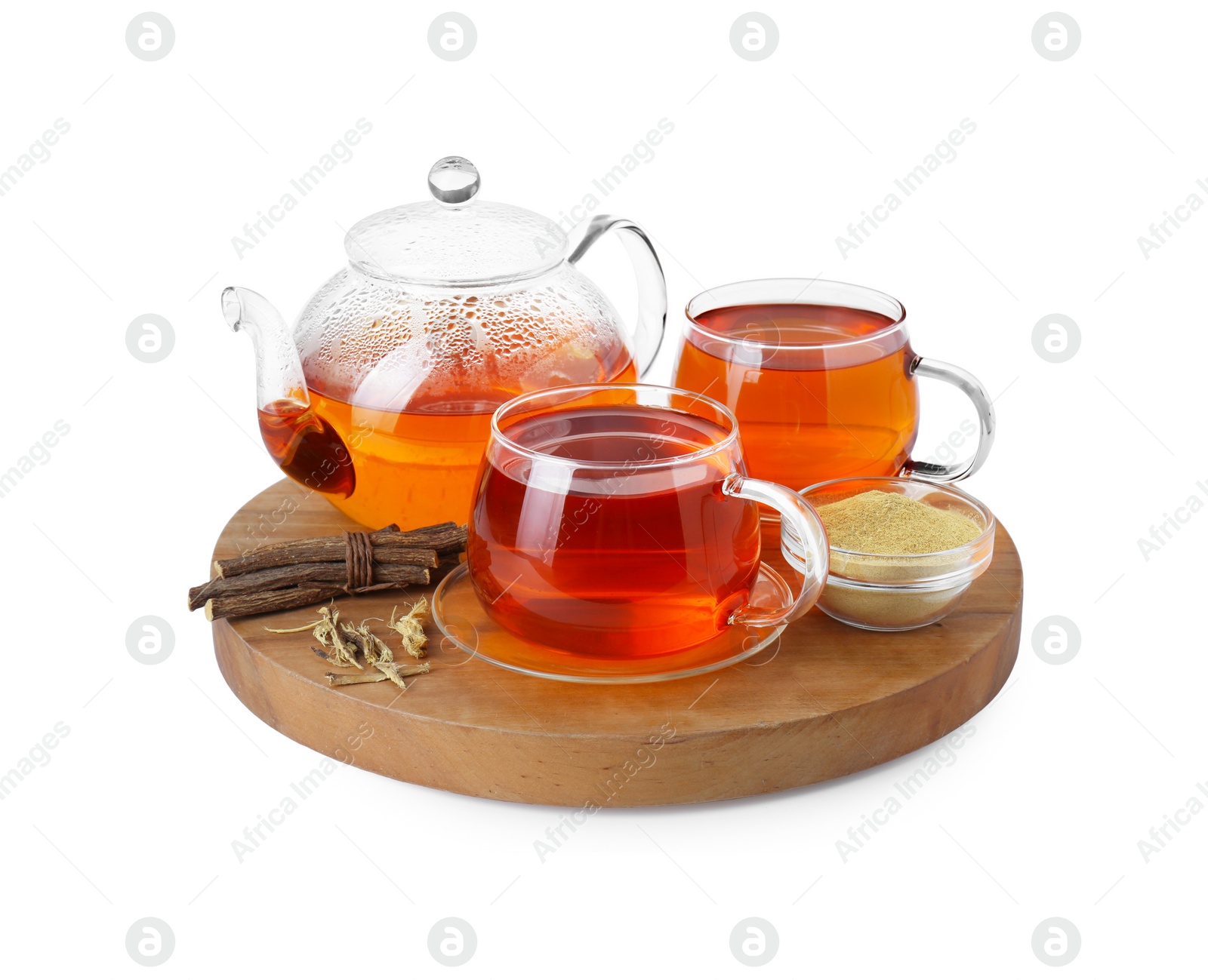 Photo of Aromatic licorice tea, dried sticks of licorice root and powder on white background