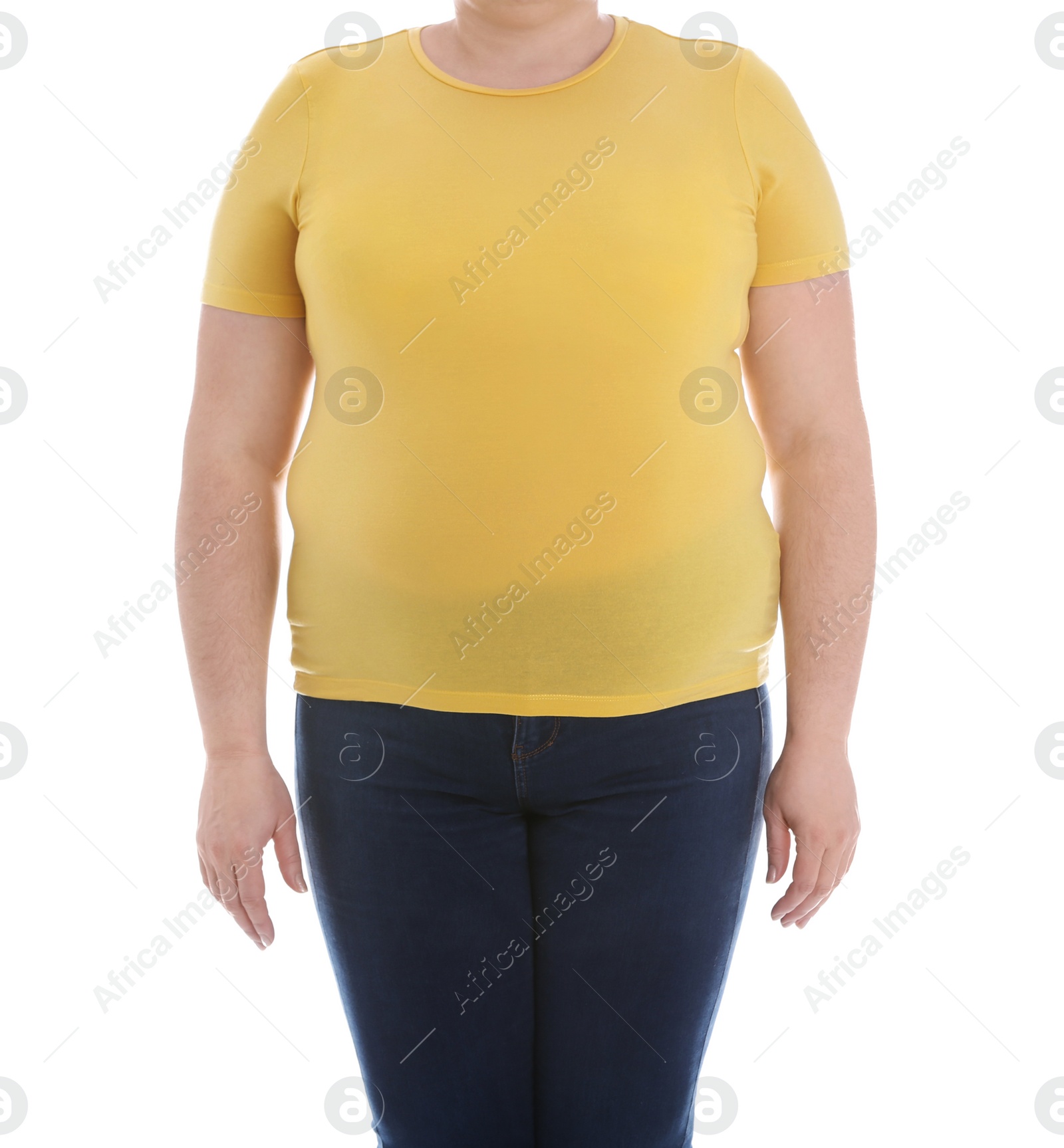 Photo of Overweight woman on white background, closeup. Weight loss