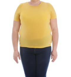 Photo of Overweight woman on white background, closeup. Weight loss