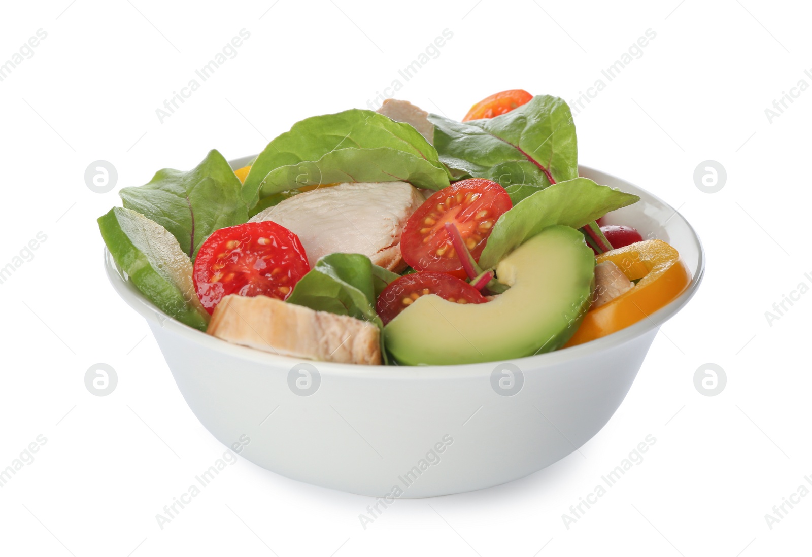 Photo of Delicious salad with chicken and vegetables in bowl isolated on white