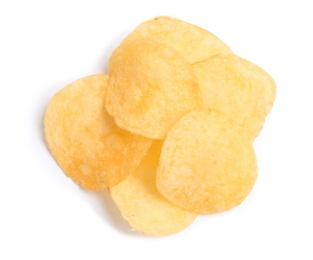 Tasty crispy potato chips on white background