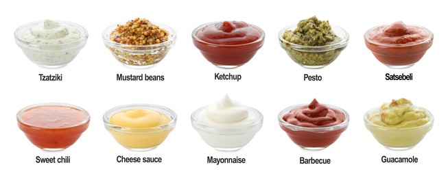 Image of Different sauces in bowls and names isolated on white, set