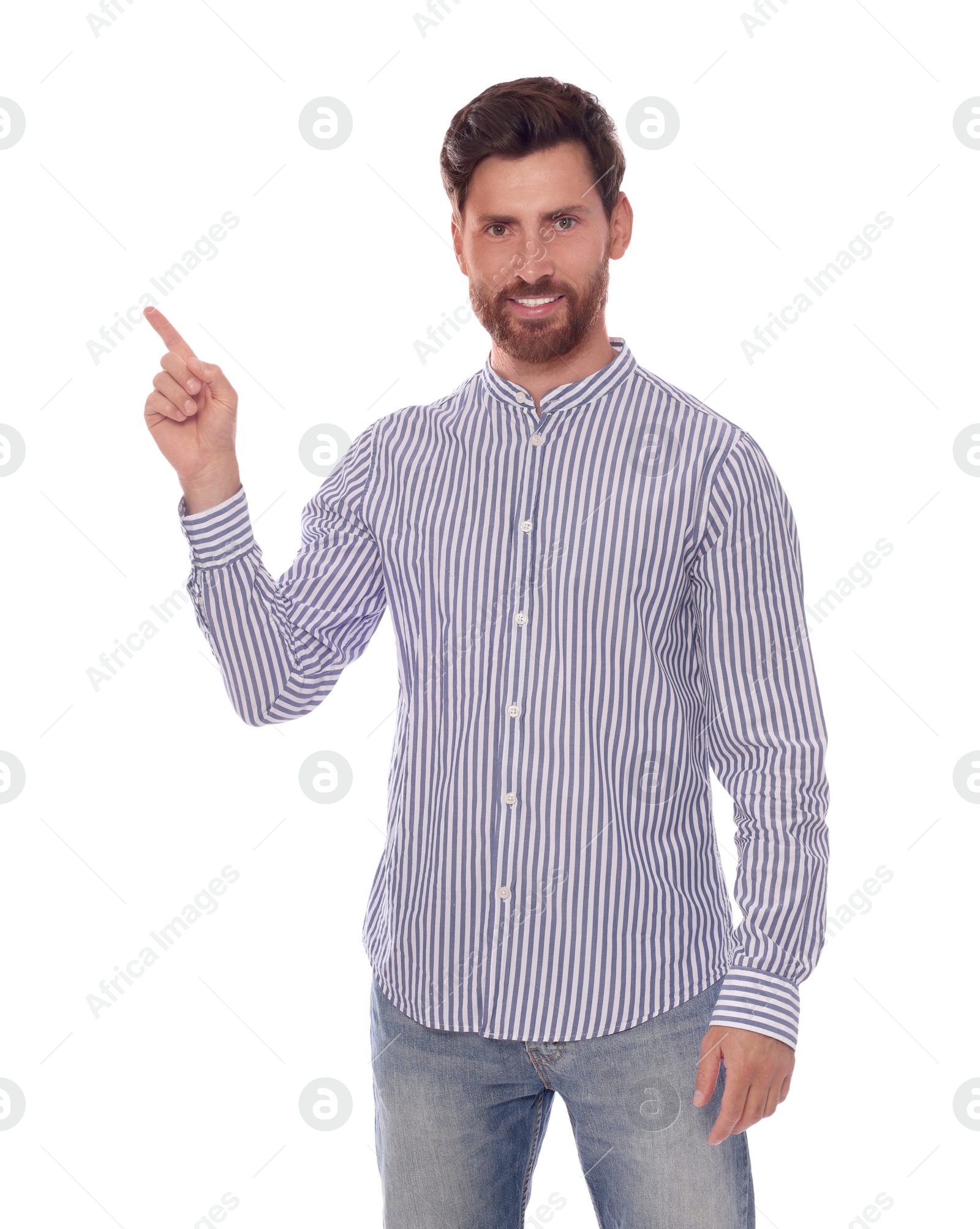 Photo of Handsome man gesturing on white background. Weather forecast reporter