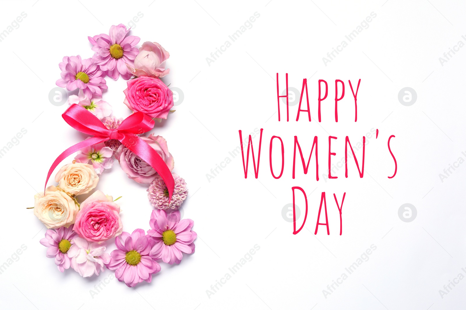 Image of 8 March - Happy International Women's Day. Greeting card design with different flowers on white background, top view