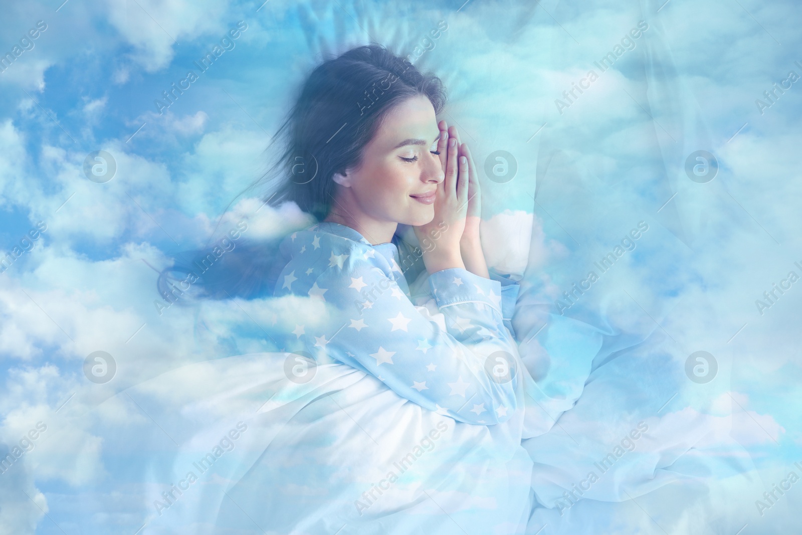 Image of Double exposure of young woman sleeping in bed and blue sky