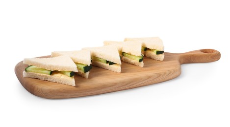 Photo of Tasty sandwiches with cucumber and butter isolated on white