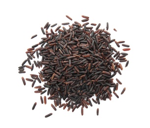 Pile of uncooked black rice on white background, top view