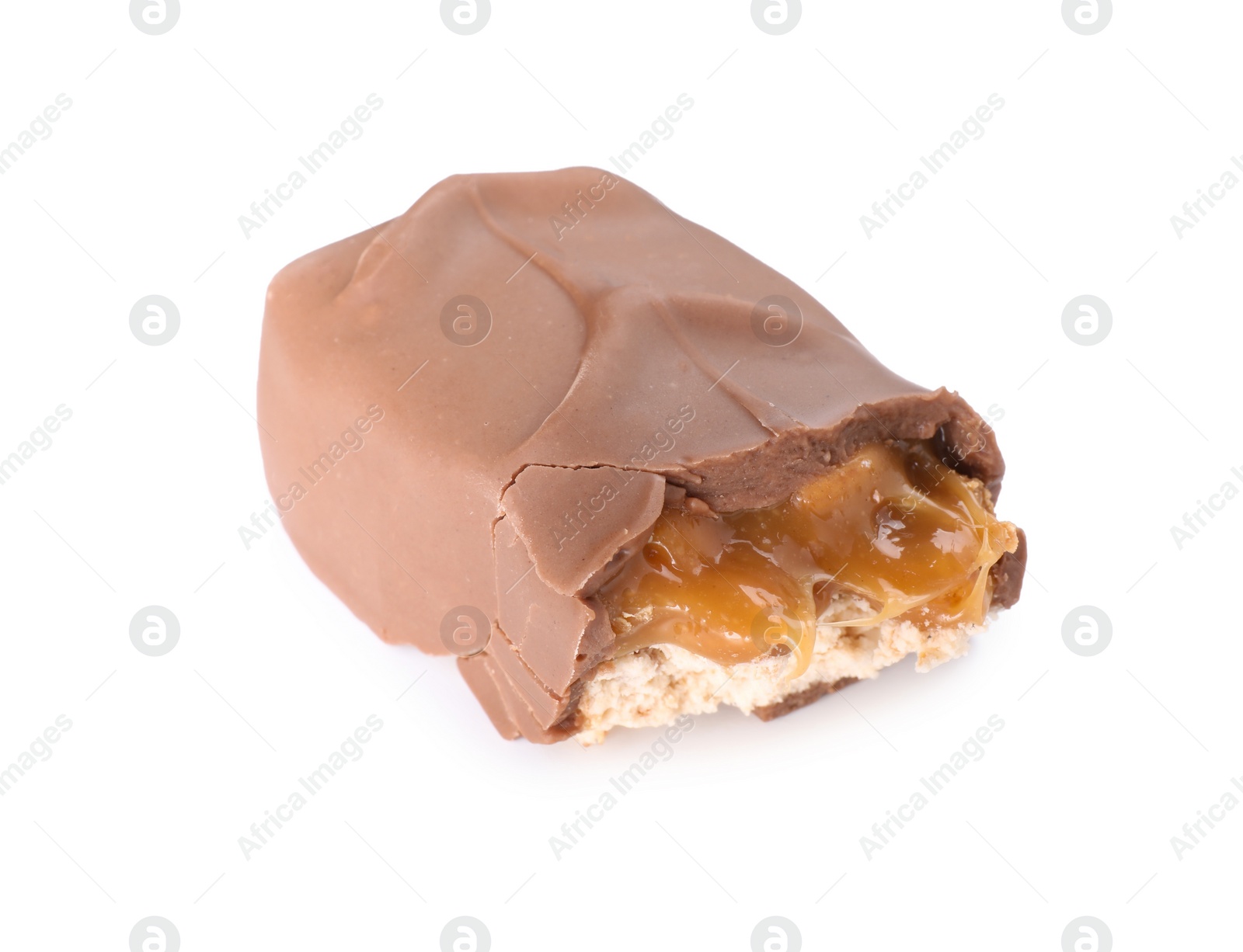 Photo of Piece of tasty chocolate bar with nougat isolated on white