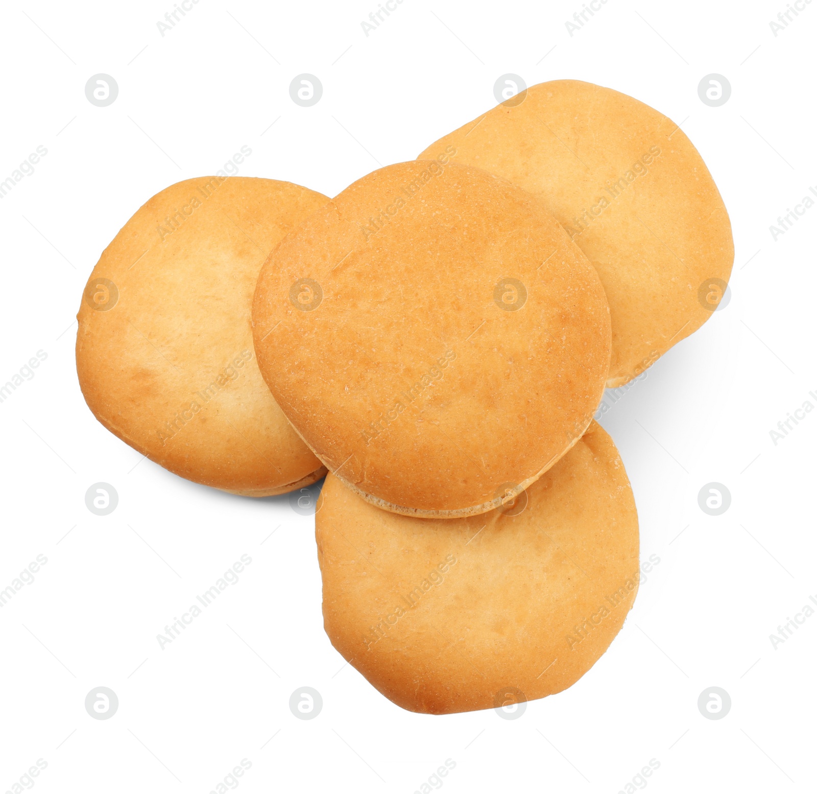 Photo of Fresh hamburger buns isolated on white, top view