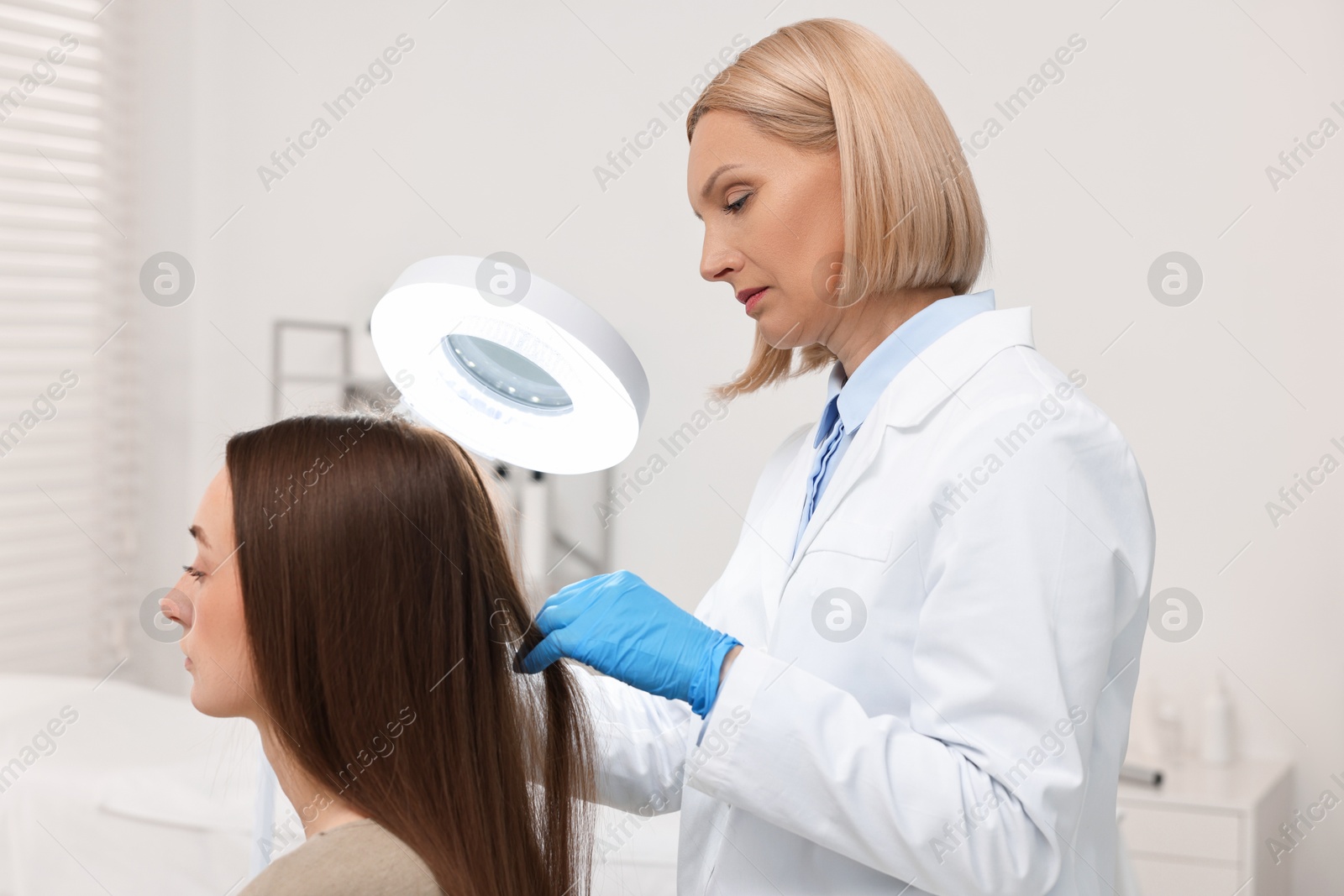 Photo of Trichologist examining patient`s hair under lamp in clinic