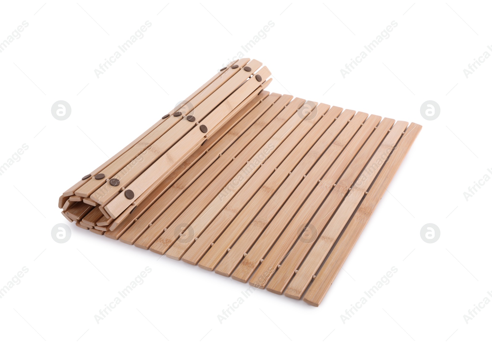 Photo of Bamboo rug isolated on white. Bath accessory