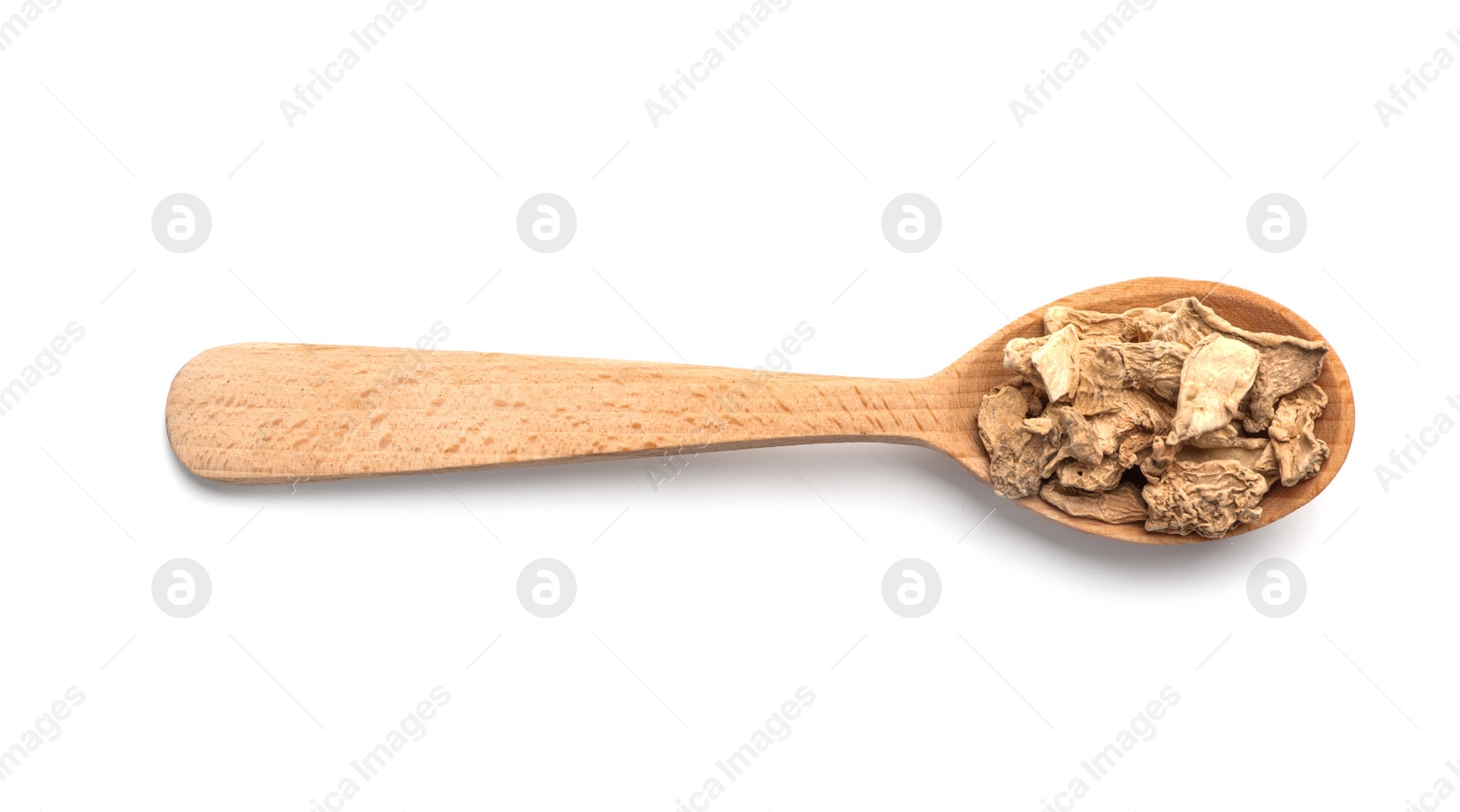 Photo of Wooden spoon with dried ginger on white background. Different spices