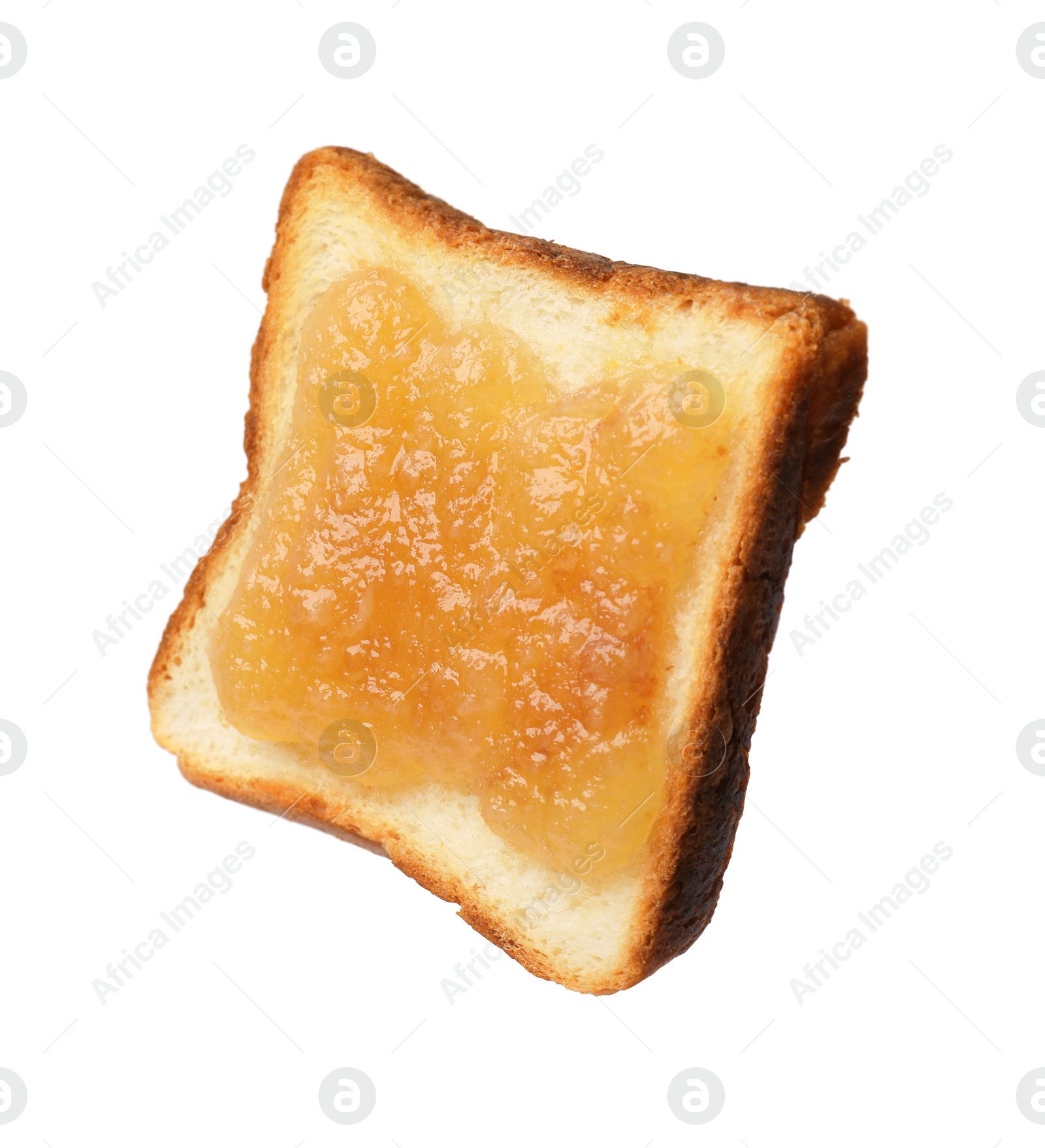 Photo of Piece of fresh toast bread with tasty jam isolated on white