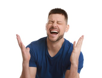 Photo of Angry man yelling on white background. Hate concept