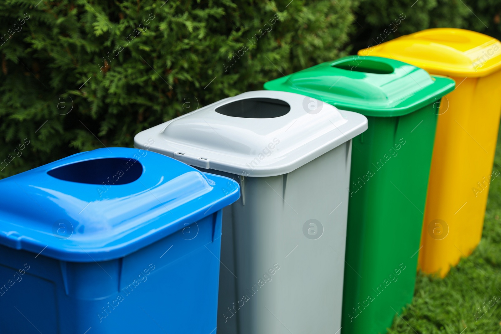 Photo of Many color recycling bins on green grass outdoors