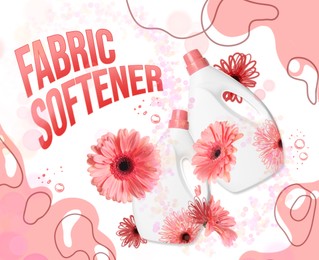 Image of Fabric softener advertising design. Bottles of conditioner and gerbera flowers on color background