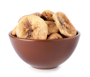 Photo of Bowl of dried figs on white background