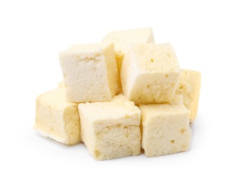 Photo of Pile of delicious sweet marshmallows on white background