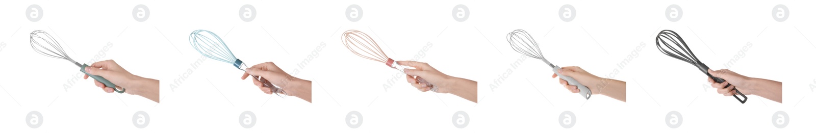 Image of Woman holding different whisks on white background, closeup. Collection of photos