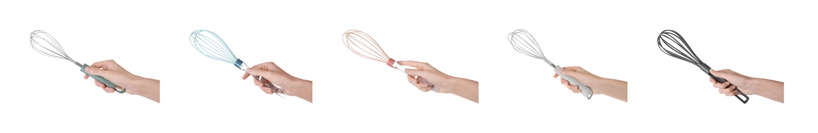 Image of Woman holding different whisks on white background, closeup. Collection of photos