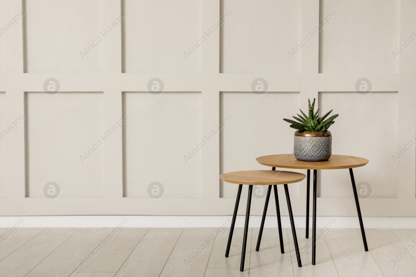 Photo of Tables with potted houseplant near empty wall indoors. Space for design