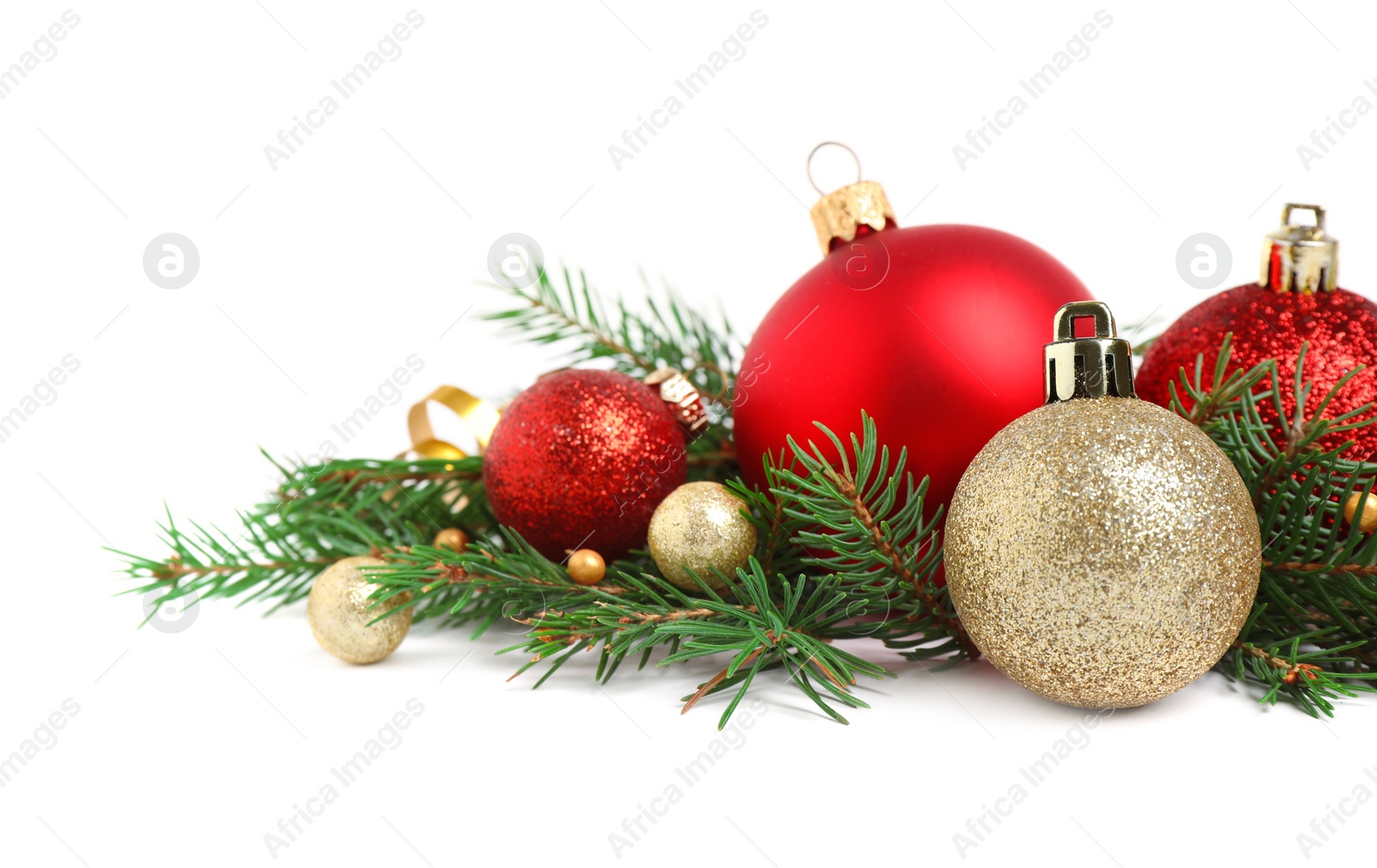 Photo of Christmas tree branches and festive decoration on white background