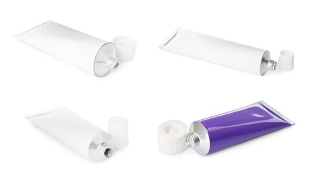 Image of Collage with tubes of ointments on white background