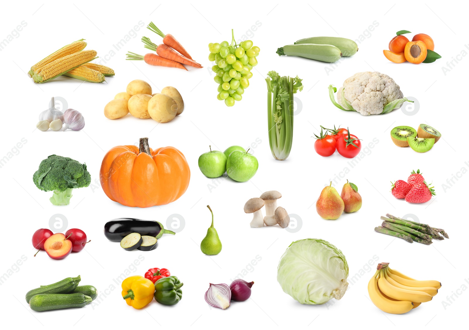 Image of Healthy diet. Set with many different fruits and vegetables on white background