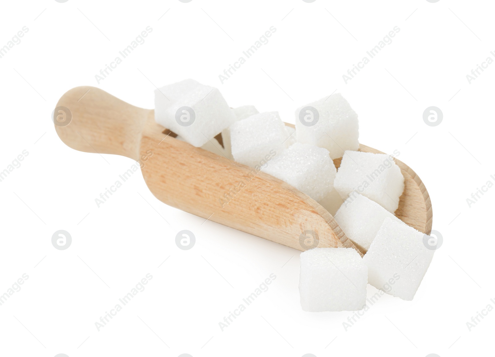 Photo of Sugar cubes in wooden scoop isolated on white