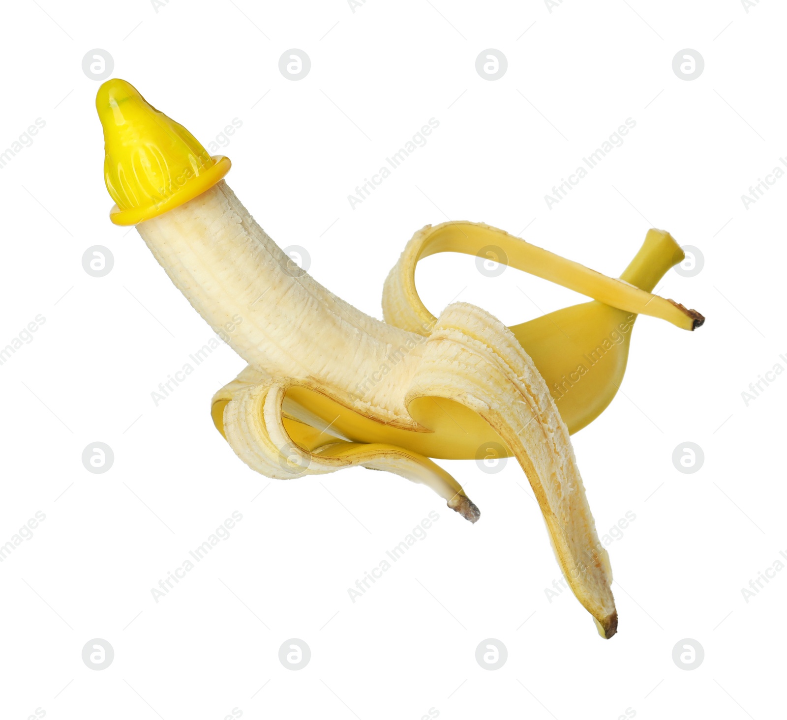 Photo of Banana with condom isolated on white. Safe sex concept