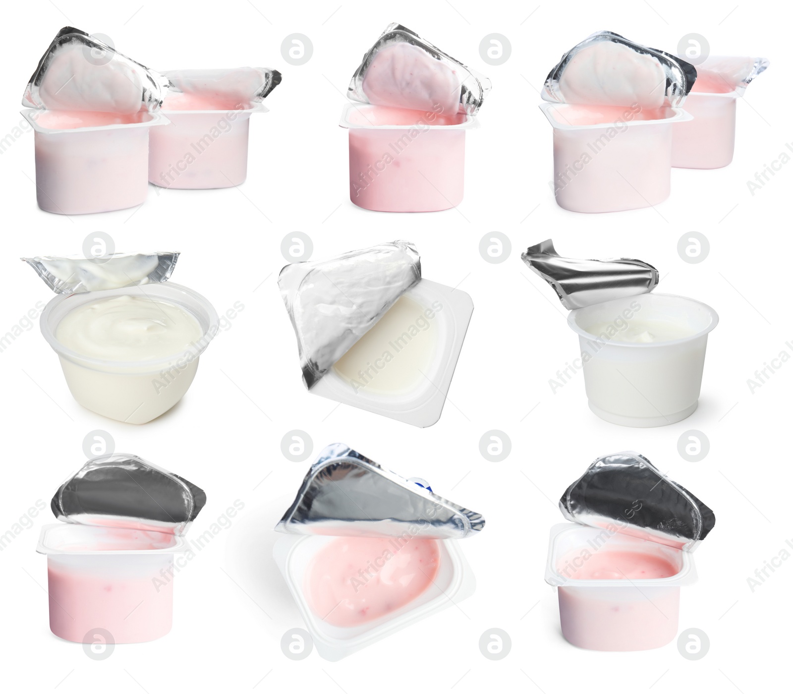 Image of Set with tasty yogurts on white background