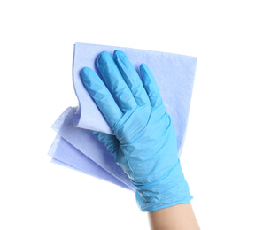 Photo of Woman in blue latex gloves with rag on white background, closeup of hand