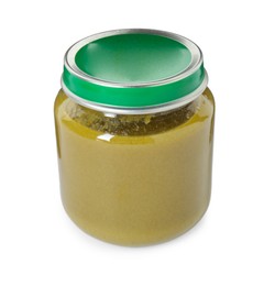 Baby food. Tasty healthy puree in jar isolated on white