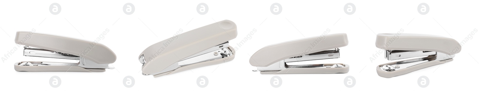 Image of Light grey stapler isolated on white, different sides