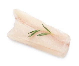 Photo of Piece of raw cod fish and rosemary isolated on white, top view