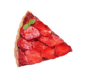 Photo of Piece of delicious strawberry tart with mint isolated on white, top view