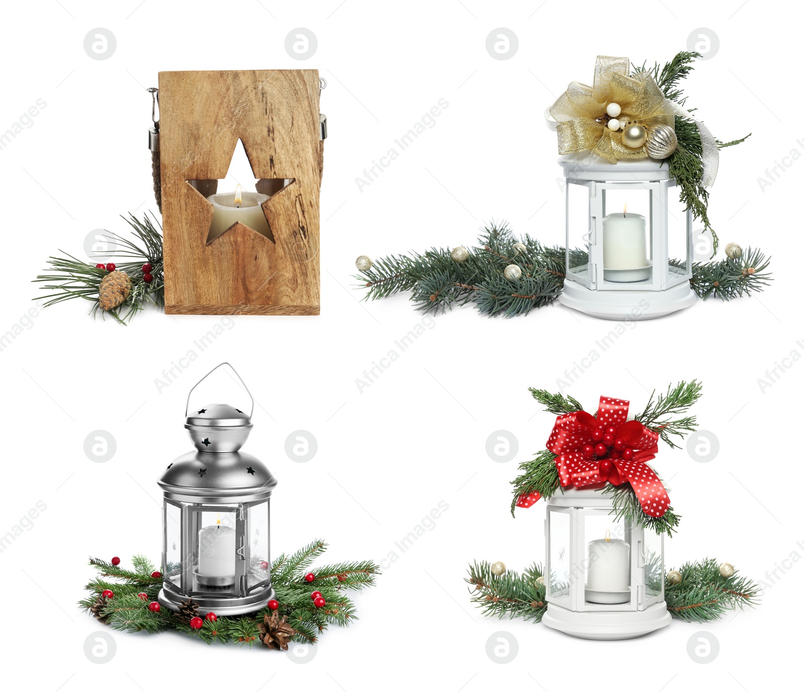 Image of Set with beautiful decorative Christmas lanterns on white background 