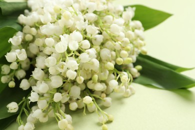 Photo of Beautiful lily of the valley bouquet on light green background, closeup