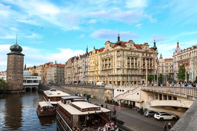 Photo of PRAGUE, CZECH REPUBLIC - APRIL 25, 2019: Cityscape with beautiful buildings and Sitkov Water Tower