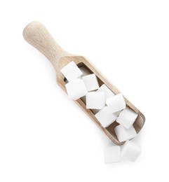 Sugar cubes in wooden scoop isolated on white, top view