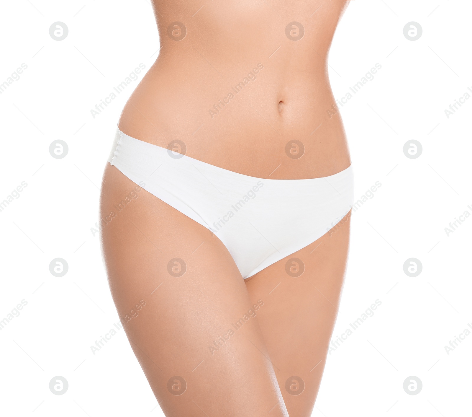 Photo of Slim young woman with smooth gentle skin on white background, closeup. Beauty and body care concept