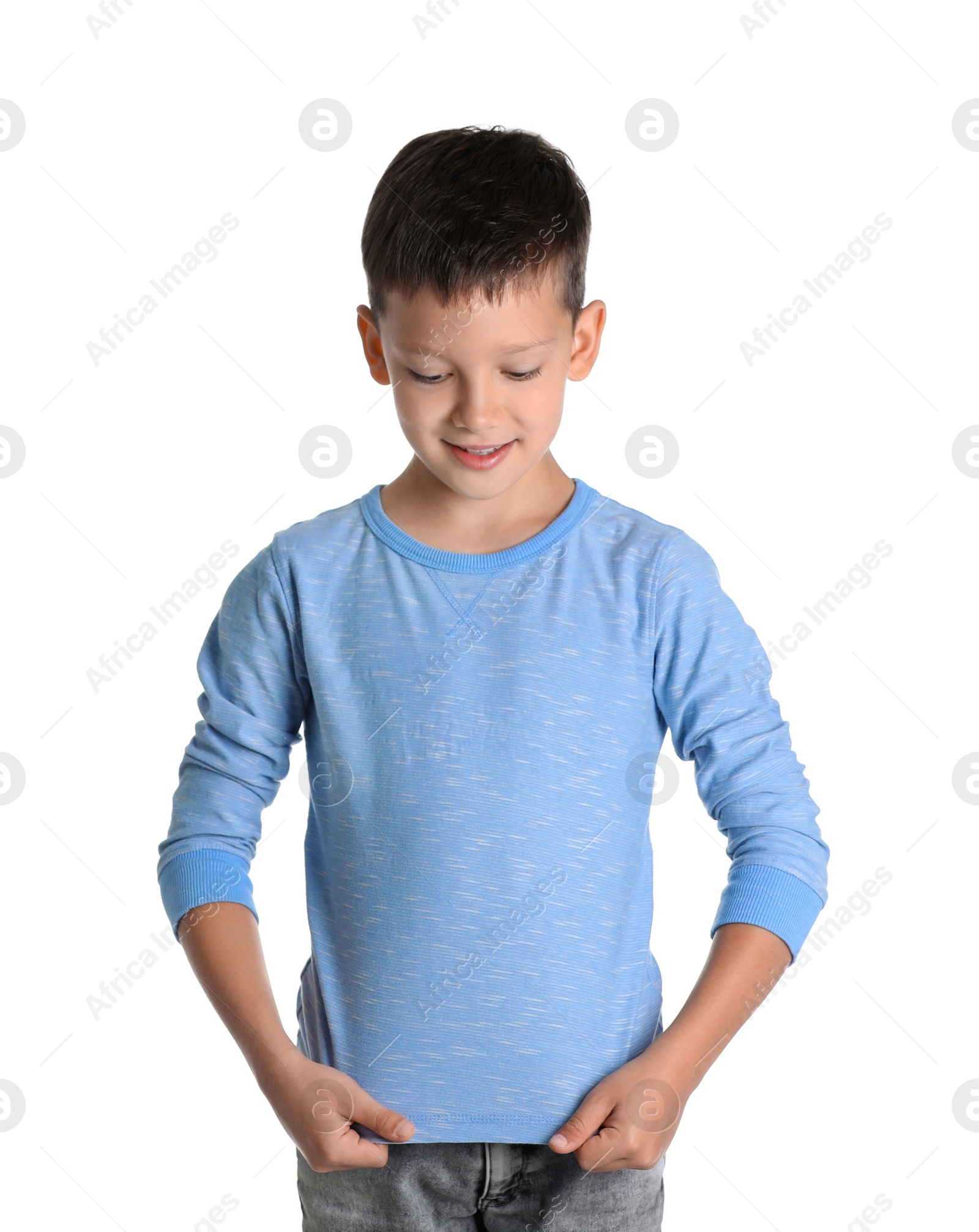 Photo of Little boy in long sleeve t-shirt on white background. Mock-up for design