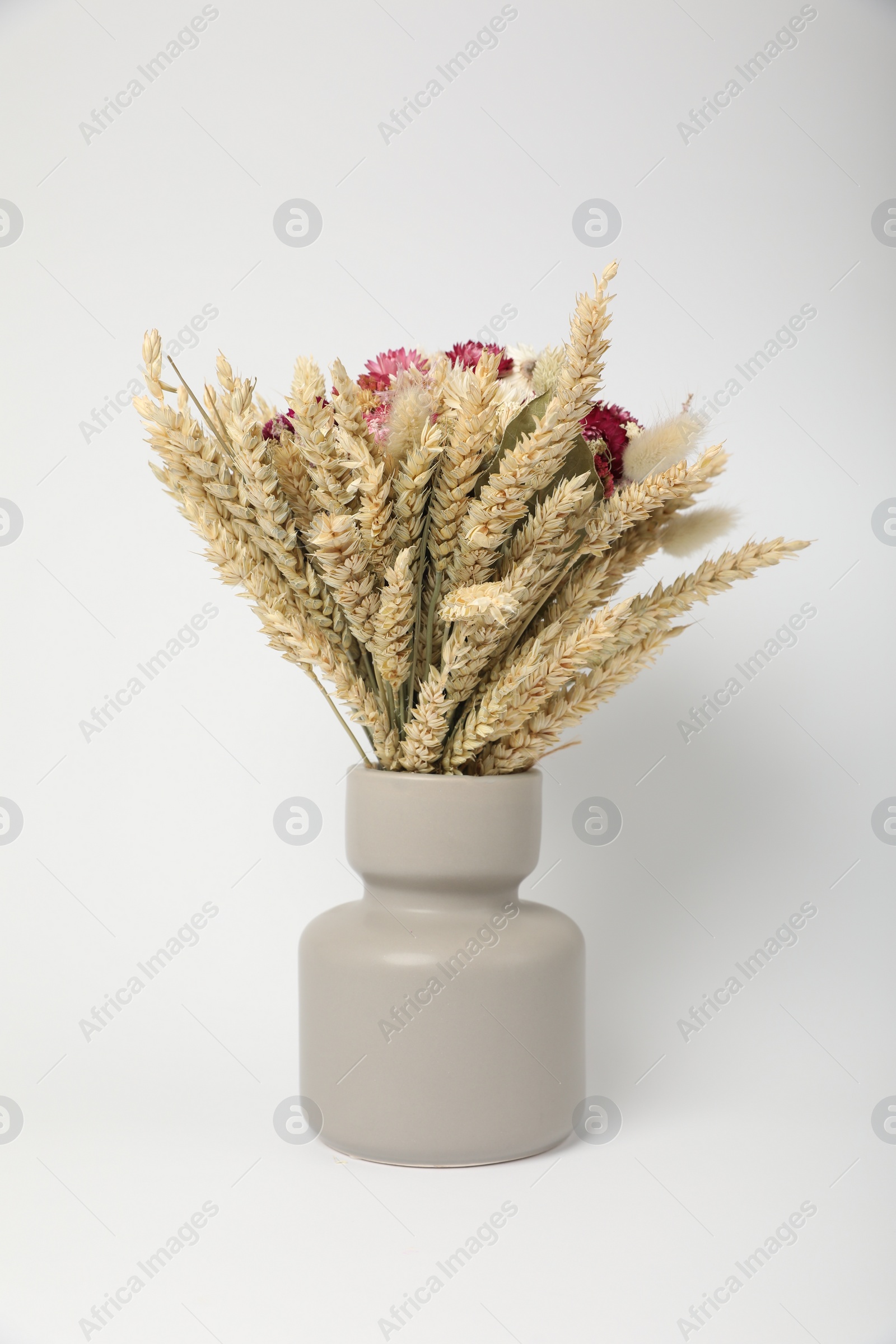 Photo of Beautiful bouquet of dry flowers in ceramic vase on white background