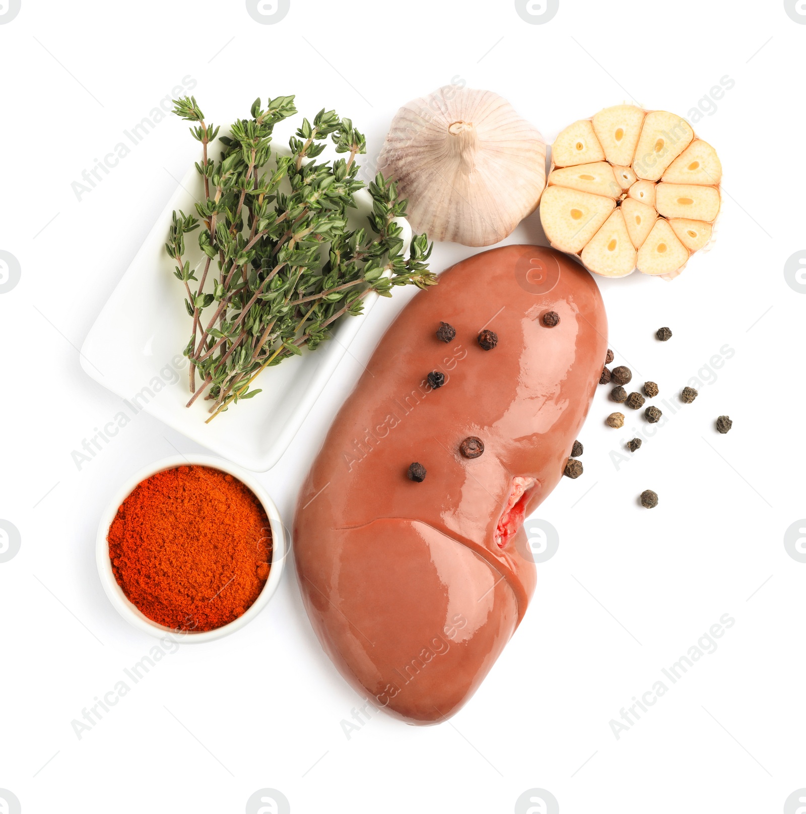 Photo of Fresh raw pork kidney with spices on white background, top view