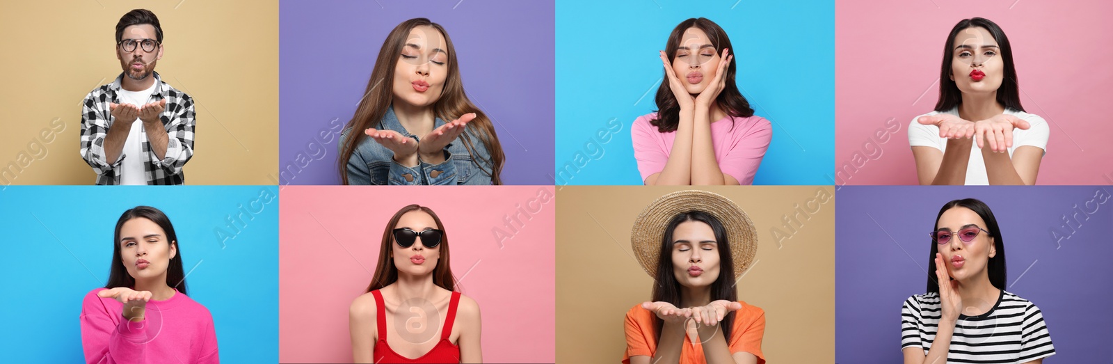 Image of Collage with photos of people blowing air kisses on different color background. Banner design