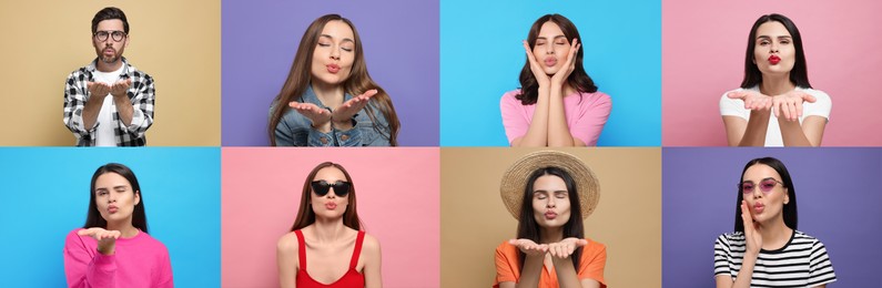 Image of Collage with photos of people blowing air kisses on different color background. Banner design