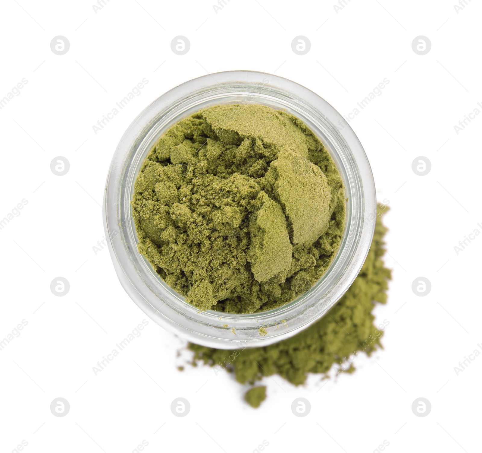 Photo of Jar with hemp protein powder on white background, top view