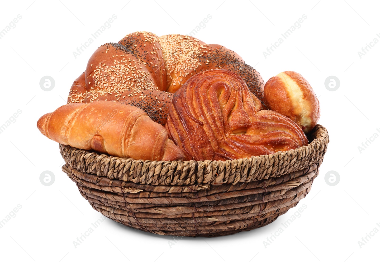 Photo of Different tasty pastries in wicker basket isolated on white