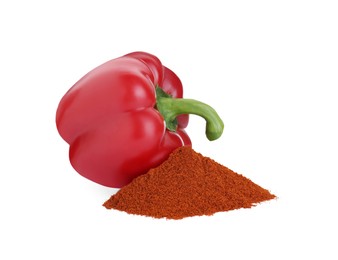 Photo of Heap of aromatic paprika powder and fresh bell pepper isolated on white